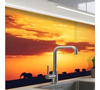 KitchenYeah© Credence Cuisine 60x80 cm Adhesif Protection Mur Plaque De Cuisson Plastique Rigide Revetement Murale À Coller Éléphants - Coucher soleil - Animaux - Horizon