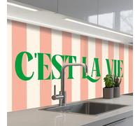 KitchenYeah© Credence Cuisine 80x250 cm Adhesif Protection Mur Plaque De Cuisson Plastique Rigide Revetement Murale À Coller Rose pâle - Vert - Rayures - C'est La Vie