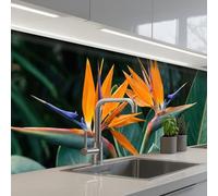 KitchenYeah© Credence Cuisine 80x300 cm Adhesif Protection Mur Plaque De Cuisson Plastique Rigide Revetement Murale À Coller Oiseau de paradis - Fleur - Exotique