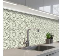 KitchenYeah© Credence Cuisine 80x300 cm Adhesif Protection Mur Plaque De Cuisson Plastique Rigide Revetement Murale À Coller Ornement curly - Tile - Green