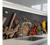KitchenYeah© Credence Cuisine 80x300 cm Adhesif Protection Mur Plaque De Cuisson Plastique Rigide Revetement Murale À Coller Herbes - Aliments - Épices - Noir - Paprika - Cannelle