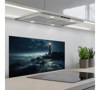 KitchenYeah© Crédence Cuisine À Coller 45x90 cm Protection Plaque De Cuisson Adhesif Plastique Rigide Dalle Murale Phare - Mer - Brouillard - Rochers - Maritime - Nature