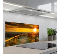 KitchenYeah© Crédence Cuisine À Coller 45x90 cm Protection Plaque De Cuisson Adhesif Plastique Rigide Dalle Murale Soleil - Plage - Dune - Horizon - Herbe - Chemin - Orange