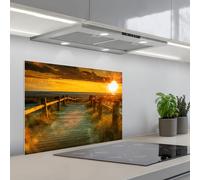 KitchenYeah© Crédence Cuisine À Coller 50x70 cm Protection Plaque De Cuisson Adhesif Plastique Rigide Dalle Murale Soleil - Plage - Dune - Horizon - Herbe - Chemin - Orange