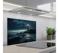 KitchenYeah© Crédence Cuisine À Coller 50x70 cm Protection Plaque De Cuisson Adhesif Plastique Rigide Dalle Murale Phare - Mer - Brouillard - Rochers - Maritime - Nature