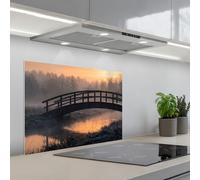 KitchenYeah© Crédence Cuisine À Coller 50x70 cm Protection Plaque De Cuisson Adhesif Plastique Rigide Dalle Murale Pont - Brouillard - Arbres - Eau