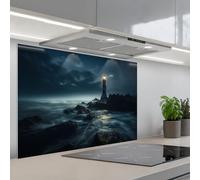 KitchenYeah© Crédence Cuisine À Coller 55x80 cm Protection Plaque De Cuisson Adhesif Plastique Rigide Dalle Murale Phare - Mer - Brouillard - Rochers - Maritime - Nature