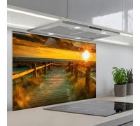 KitchenYeah© Crédence Cuisine À Coller 55x80 cm Protection Plaque De Cuisson Adhesif Plastique Rigide Dalle Murale Soleil - Plage - Dune - Horizon - Herbe - Chemin - Orange