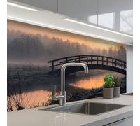 KitchenYeah© Crédence Cuisine À Coller 60x100 cm Protection Plaque De Cuisson Adhesif Plastique Rigide Dalle Murale Pont - Brouillard - Arbres - Eau