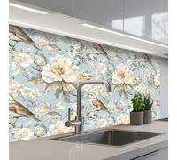 KitchenYeah© Crédence Cuisine À Coller 60x100 cm Protection Plaque De Cuisson Adhesif Plastique Rigide Dalle Murale Botanique - Oiseau chanteur - Bleu