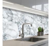 KitchenYeah© Crédence Cuisine À Coller 60x150 cm Protection Plaque De Cuisson Adhesif Plastique Rigide Dalle Murale Mosaïque - Marbre - Blanc - Irrégulier