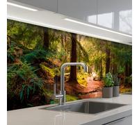 KitchenYeah© Crédence Cuisine À Coller 60x200 cm Protection Plaque De Cuisson Adhesif Plastique Rigide Dalle Murale Forêt - Chemin - Arbres - Vert - Soleil - Nature