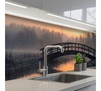 KitchenYeah© Crédence Cuisine À Coller 60x200 cm Protection Plaque De Cuisson Adhesif Plastique Rigide Dalle Murale Pont - Brouillard - Arbres - Eau