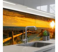 KitchenYeah© Crédence Cuisine À Coller 60x200 cm Protection Plaque De Cuisson Adhesif Plastique Rigide Dalle Murale Soleil - Plage - Dune - Horizon - Herbe - Chemin - Orange