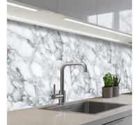 KitchenYeah© Crédence Cuisine À Coller 60x200 cm Protection Plaque De Cuisson Adhesif Plastique Rigide Dalle Murale Mosaïque - Marbre - Blanc - Irrégulier