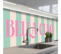KitchenYeah© Crédence Cuisine À Coller 60x250 cm Protection Plaque De Cuisson Adhesif Plastique Rigide Dalle Murale Rose - Vert - Rayures - Bella ciao