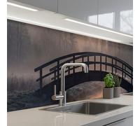 KitchenYeah© Crédence Cuisine À Coller 60x300 cm Protection Plaque De Cuisson Adhesif Plastique Rigide Dalle Murale Pont - Brouillard - Arbres - Eau