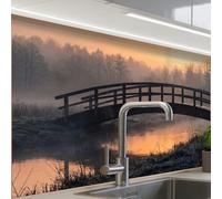 KitchenYeah© Crédence Cuisine À Coller 60x80 cm Protection Plaque De Cuisson Adhesif Plastique Rigide Dalle Murale Pont - Brouillard - Arbres - Eau