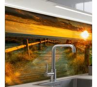 KitchenYeah© Crédence Cuisine À Coller 60x80 cm Protection Plaque De Cuisson Adhesif Plastique Rigide Dalle Murale Soleil - Plage - Dune - Horizon - Herbe - Chemin - Orange