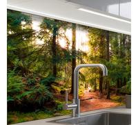 KitchenYeah© Crédence Cuisine À Coller 60x80 cm Protection Plaque De Cuisson Adhesif Plastique Rigide Dalle Murale Forêt - Chemin - Arbres - Vert - Soleil - Nature