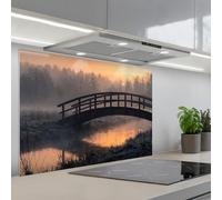 KitchenYeah© Crédence Cuisine À Coller 60x90 cm Protection Plaque De Cuisson Adhesif Plastique Rigide Dalle Murale Pont - Brouillard - Arbres - Eau