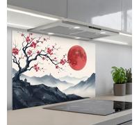 KitchenYeah© Crédence Cuisine À Coller 60x90 cm Protection Plaque De Cuisson Adhesif Plastique Rigide Dalle Murale Fleur cerisier - Orientale - Rouge