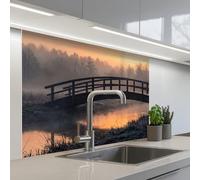 KitchenYeah© Crédence Cuisine À Coller 80x100 cm Protection Plaque De Cuisson Adhesif Plastique Rigide Dalle Murale Pont - Brouillard - Arbres - Eau