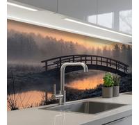 KitchenYeah© Crédence Cuisine À Coller 80x150 cm Protection Plaque De Cuisson Adhesif Plastique Rigide Dalle Murale Pont - Brouillard - Arbres - Eau
