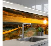 KitchenYeah© Crédence Cuisine À Coller 80x150 cm Protection Plaque De Cuisson Adhesif Plastique Rigide Dalle Murale Soleil - Plage - Dune - Horizon - Herbe - Chemin - Orange