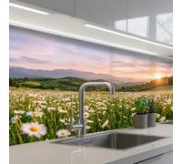 KitchenYeah© Crédence Cuisine À Coller 80x200 cm Protection Plaque De Cuisson Adhesif Plastique Rigide Dalle Murale Marguerite - Champ - Collines - Vert