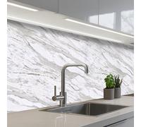 KitchenYeah© Crédence Cuisine À Coller 80x200 cm Protection Plaque De Cuisson Adhesif Plastique Rigide Dalle Murale Marbre - Blanc - Gris-vert