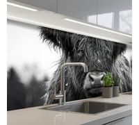 KitchenYeah© Crédence Cuisine À Coller 80x200 cm Protection Plaque De Cuisson Adhesif Plastique Rigide Dalle Murale Highlander écossais - Noir - Blanc - Flocons de neige