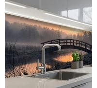 KitchenYeah© Crédence Cuisine À Coller 80x200 cm Protection Plaque De Cuisson Adhesif Plastique Rigide Dalle Murale Pont - Brouillard - Arbres - Eau