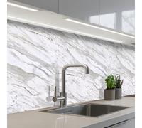 KitchenYeah© Crédence Cuisine À Coller 80x250 cm Protection Plaque De Cuisson Adhesif Plastique Rigide Dalle Murale Marbre - Blanc - Gris-vert