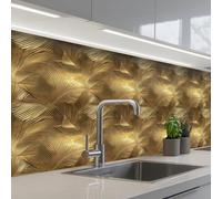 KitchenYeah© Crédence Cuisine À Coller 80x250 cm Protection Plaque De Cuisson Adhesif Plastique Rigide Dalle Murale Palmier - Eventail - Or