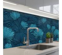 KitchenYeah© Crédence Cuisine À Coller 80x250 cm Protection Plaque De Cuisson Adhesif Plastique Rigide Dalle Murale Feuilles - Gaufré - Motif - Bleu océan - Moderne