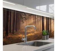 KitchenYeah© Crédence Cuisine À Coller 80x300 cm Protection Plaque De Cuisson Adhesif Plastique Rigide Dalle Murale Forêt - Brouillard - Soleil