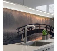 KitchenYeah© Crédence Cuisine À Coller 80x300 cm Protection Plaque De Cuisson Adhesif Plastique Rigide Dalle Murale Pont - Brouillard - Arbres - Eau