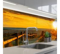 KitchenYeah© Crédence Cuisine À Coller 80x300 cm Protection Plaque De Cuisson Adhesif Plastique Rigide Dalle Murale Soleil - Plage - Dune - Horizon - Herbe - Chemin - Orange