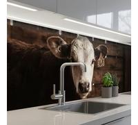 KitchenYeah© Crédence Cuisine À Coller 80x300 cm Protection Plaque De Cuisson Adhesif Plastique Rigide Dalle Murale Veau - Etiquette d'oreille - Etable en bois