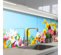 KitchenYeah© Crédence Cuisine À Coller 80x500 cm Protection Plaque De Cuisson Adhesif Plastique Rigide Dalle Murale Fleurs - Coloré - Bleu - Nature