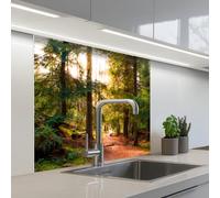 KitchenYeah© Crédence Cuisine À Coller 80x80 cm Protection Plaque De Cuisson Adhesif Plastique Rigide Dalle Murale Forêt - Chemin - Arbres - Vert - Soleil - Nature