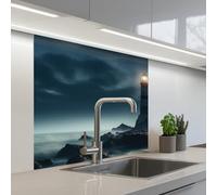 KitchenYeah© Crédence Cuisine À Coller 80x80 cm Protection Plaque De Cuisson Adhesif Plastique Rigide Dalle Murale Phare - Mer - Brouillard - Rochers - Maritime - Nature