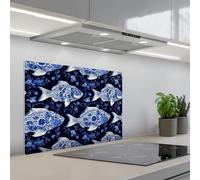 KitchenYeah© Credence Cuisine Adhesive 50x70 cm Protege Mur Revetement Mural Adhesif Parement Interieur À Coller Plaque Plastique Rigide Poissons - Fleurs - Bleu