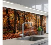 KitchenYeah© Credence Cuisine Adhesive 60x100 cm Protege Mur Revetement Mural Adhesif Parement Interieur À Coller Plaque Plastique Rigide Chemin forestier - Forêt d'automne - Feuilles - Orange