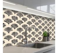 KitchenYeah© Credence Cuisine Adhesive 60x200 cm Protege Mur Revetement Mural Adhesif Parement Interieur À Coller Plaque Plastique Rigide Eventails - Botanique - Noir - Beige