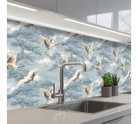 KitchenYeah© Credence Cuisine Adhesive 60x200 cm Protege Mur Revetement Mural Adhesif Parement Interieur À Coller Plaque Plastique Rigide Nuages - Grues - Bleu