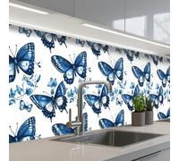 KitchenYeah© Credence Cuisine Adhesive 60x250 cm Protege Mur Revetement Mural Adhesif Parement Interieur À Coller Plaque Plastique Rigide Bleu - Papillons - Fleurs - Blanc