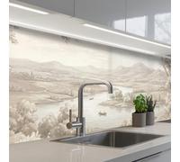 KitchenYeah© Credence Cuisine Adhesive 60x250 cm Protege Mur Revetement Mural Adhesif Parement Interieur À Coller Plaque Plastique Rigide Rivière paysage - Montagnes - Nature - Vintage - Beige