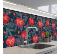 KitchenYeah© Credence Cuisine Adhesive 60x250 cm Protege Mur Revetement Mural Adhesif Parement Interieur À Coller Plaque Plastique Rigide Fleurs - Rouge - Feuilles - Motifs